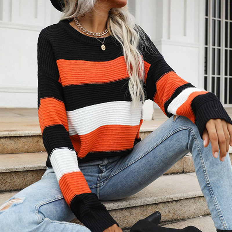 Women's Oversize Ribbed Knit Pullover with Wide Block Stripes and Round Neck