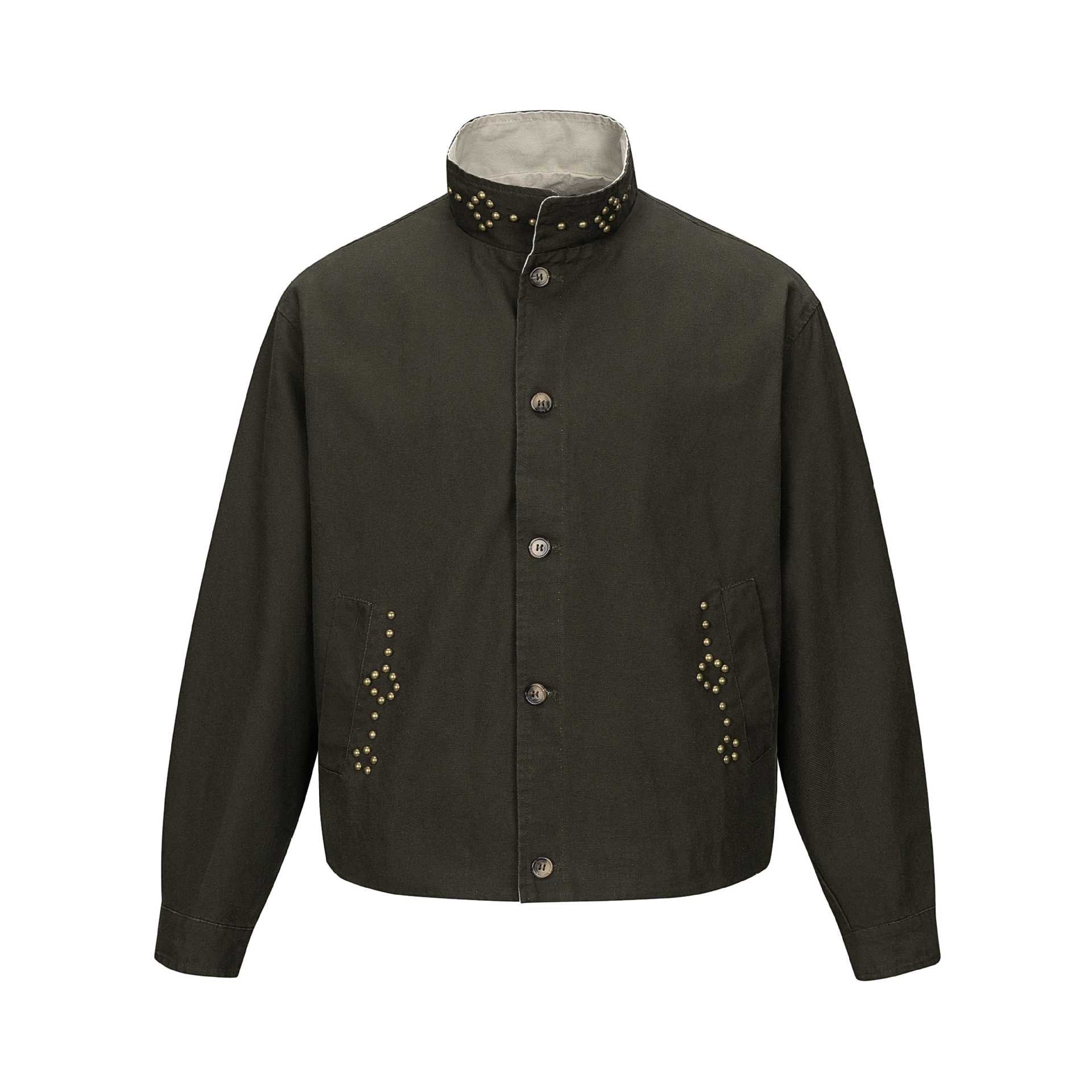 Unisex Short Blouson Jacket with High-Collar Studded Neck and Utility Pockets Chichicherry