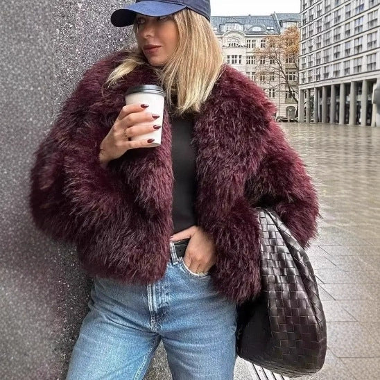Womens cropped jacket in fluffy high-pile faux fur with deep shawl collar Chichicherry
