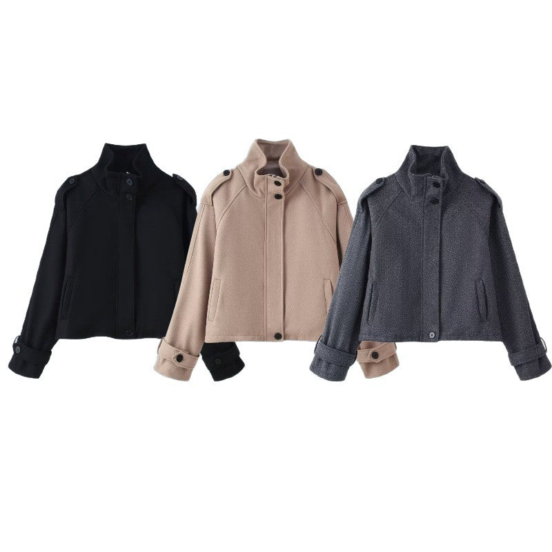 Women Short Wool Blend Jacket with Stand-Up Collar, Shoulder Flaps and Adjustable Cuffs Chichicherry