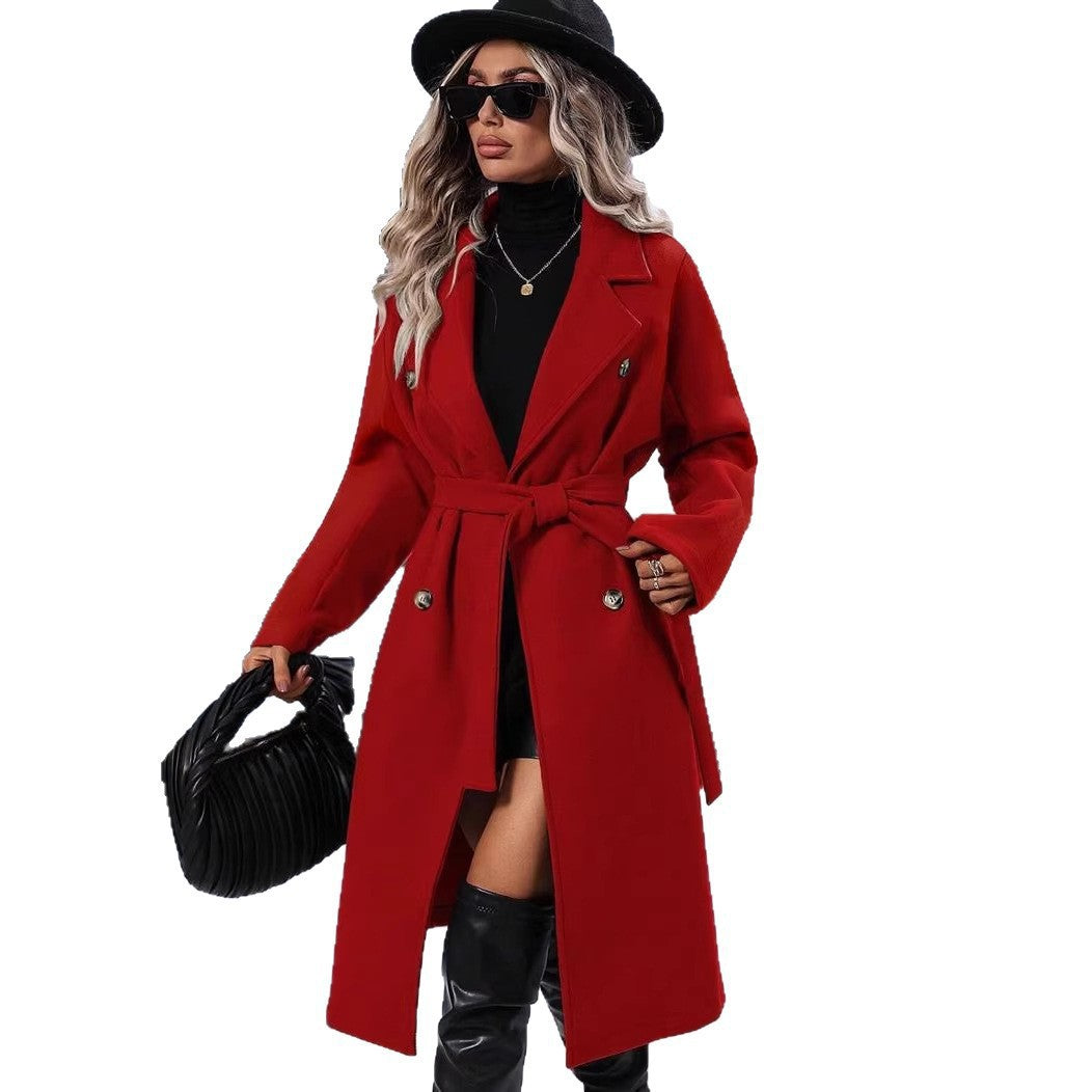 Women Tailored Coat with Tie Belt, Double Button Placket and Distinctive Lapel Chichicherry