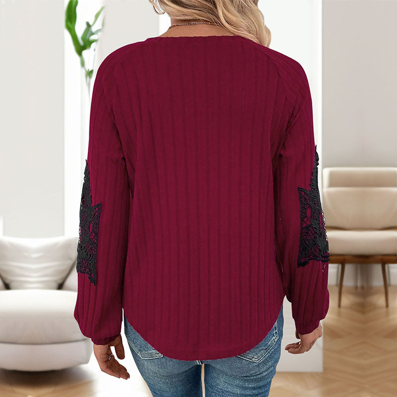 Women's Ribbed Long Sleeve with V-Neck, Lace Inserts at the Elbows and Balloon Sleeves Chichicherry