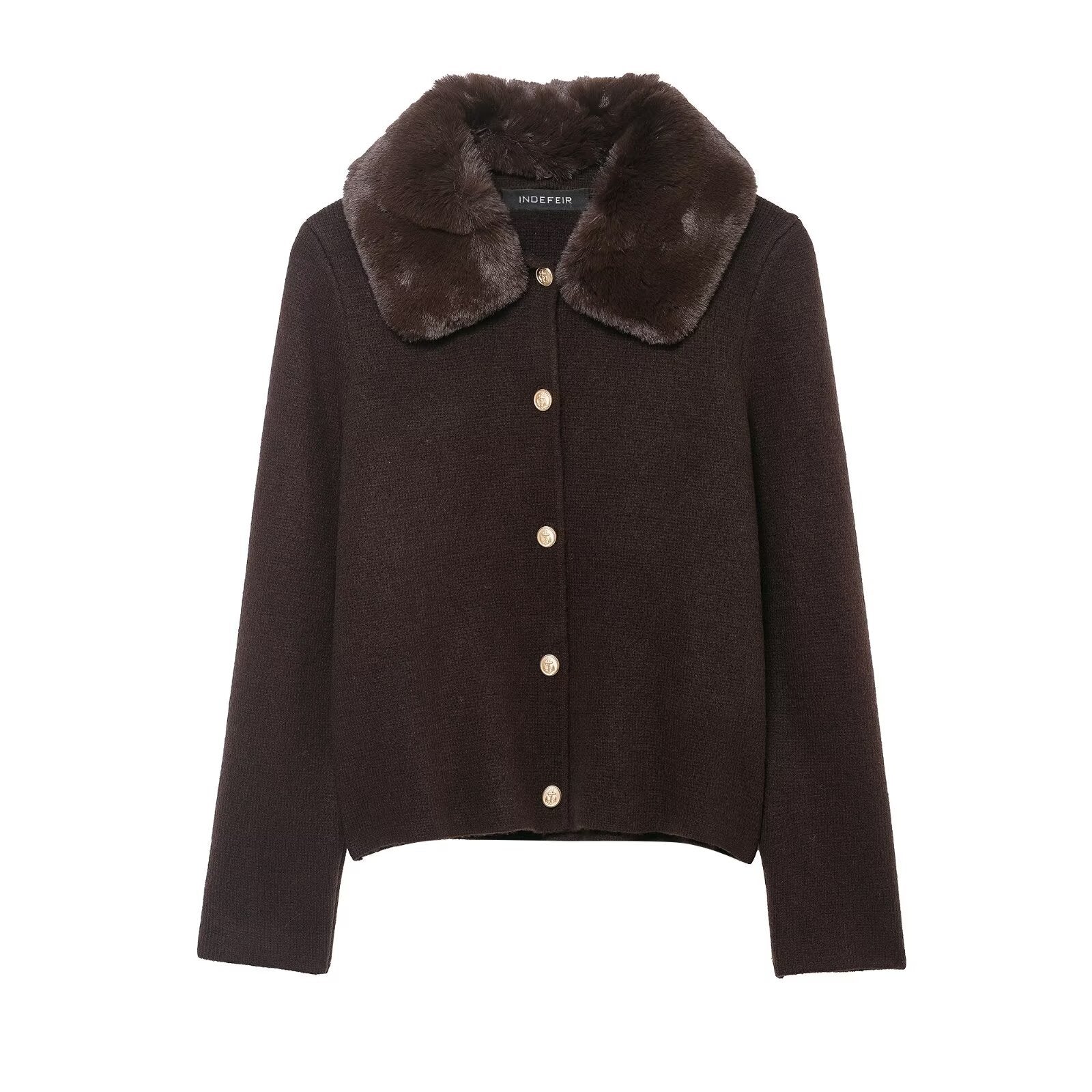 Women Short-Cut Knitted Cardigan with Detachable Faux-Fur Collar Chichicherry
