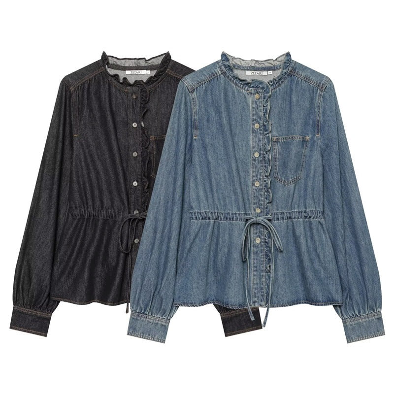 Women's tailored blouse jacket in denim look with ruffle collar and drawstring Chichicherry