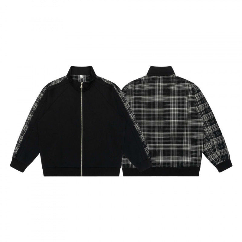 Unisex Short Cut Zip Jacket in Boxy Style with Check Arm Tape and Stand-Up Collar Chichicherry