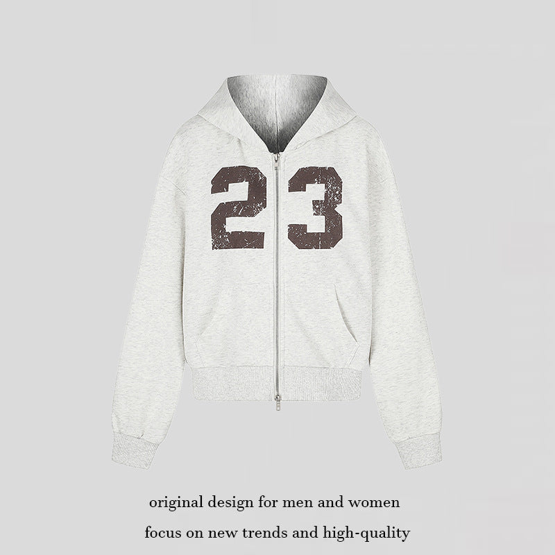 Women's Hooded Sweat Jacket in Retro Sports Style with Used Front Print and Kangaroo Pockets Chichicherry
