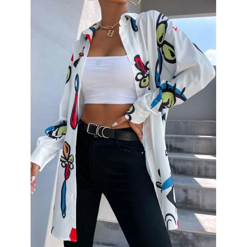 Women's Oversized Long Blouse with Pop Art Print, Shirt Collar and Continuous Button Placket Chichicherry