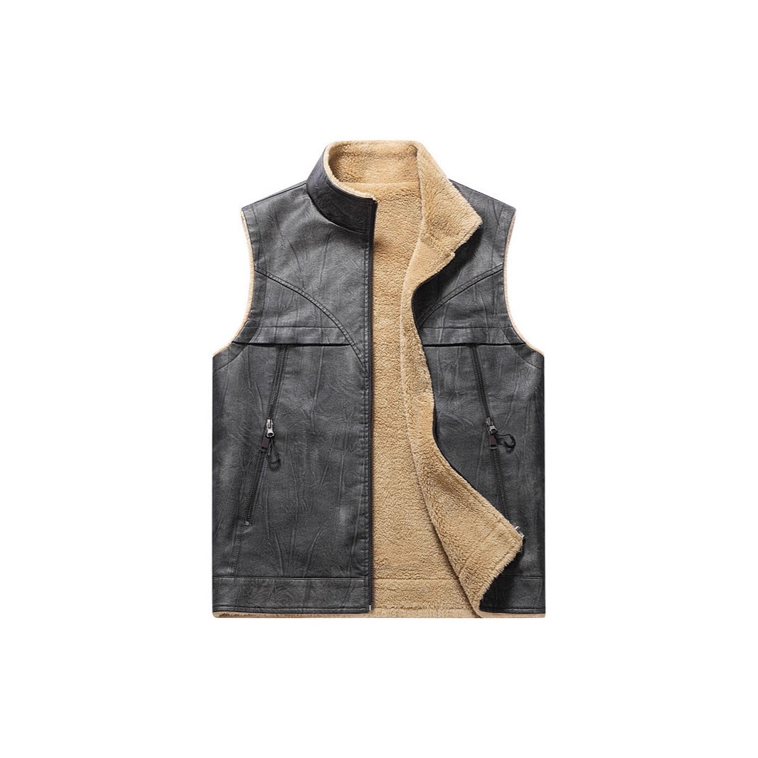 Men's Sleeveless Faux Leather Teddy Vest with Stand Collar and Zipper Pockets Chichicherry
