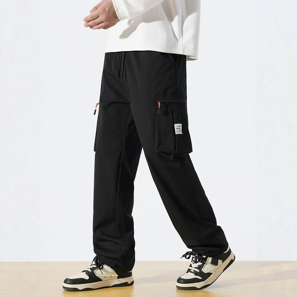 Men's Loose Fit Utility Cargo Pants with Drawstring Waist, Zipper Leg Pockets & Straight Leg Chichicherry
