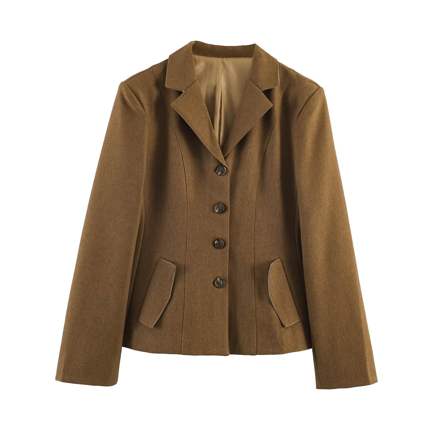 Women Tailored Short Blazer with Wiener Seams, Continuous Button Placket and Flap Pockets Chichicherry