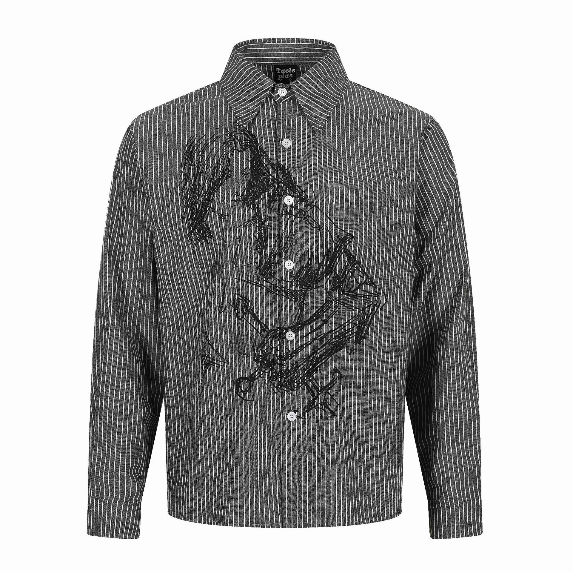 Men's Striped Cotton Shirt with Artistic Embroidery and Kent Collar Chichicherry