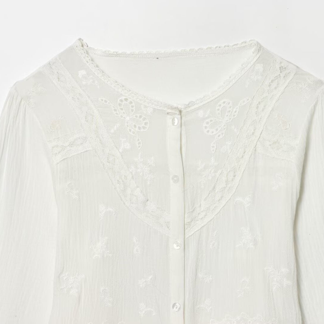 Women’s Light Embroidery Blouse with Lace Collar, Tie Waist and Button Placket Chichicherry