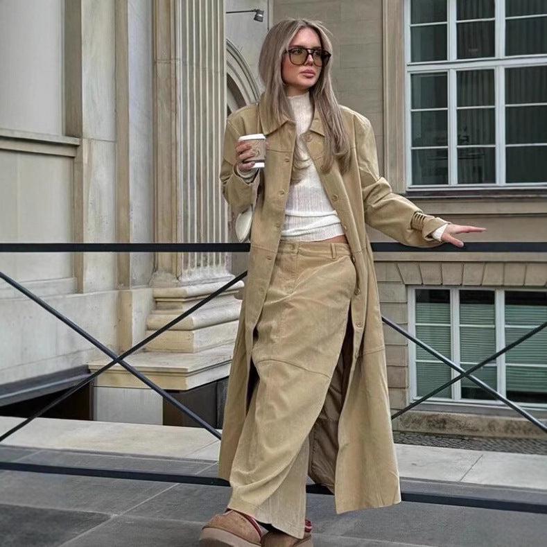 Women's long vegan coat with continuous button placket, panel seams, and shirt collar Chichicherry