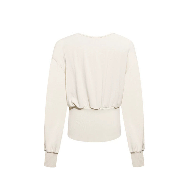 Women Draped Long Sleeve Top with Waterfall Collar, Open Back Strap and Fitted Ribbed Hem Chichicherry