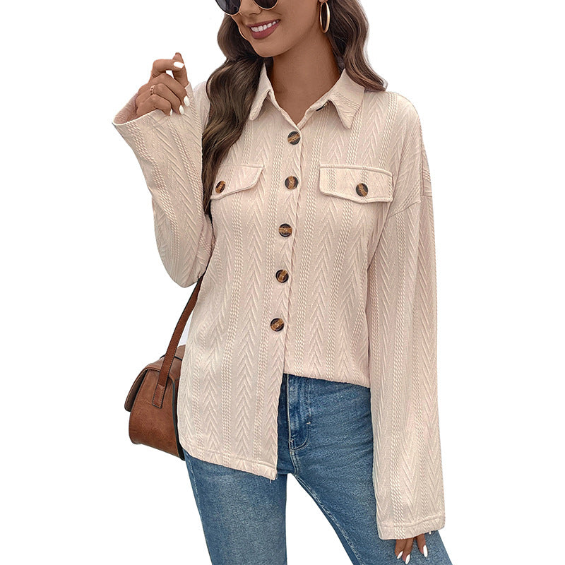 Women's Textured Overshirt Jacket with Zigzag Structure, Chest Pockets and Loose Fit Chichicherry