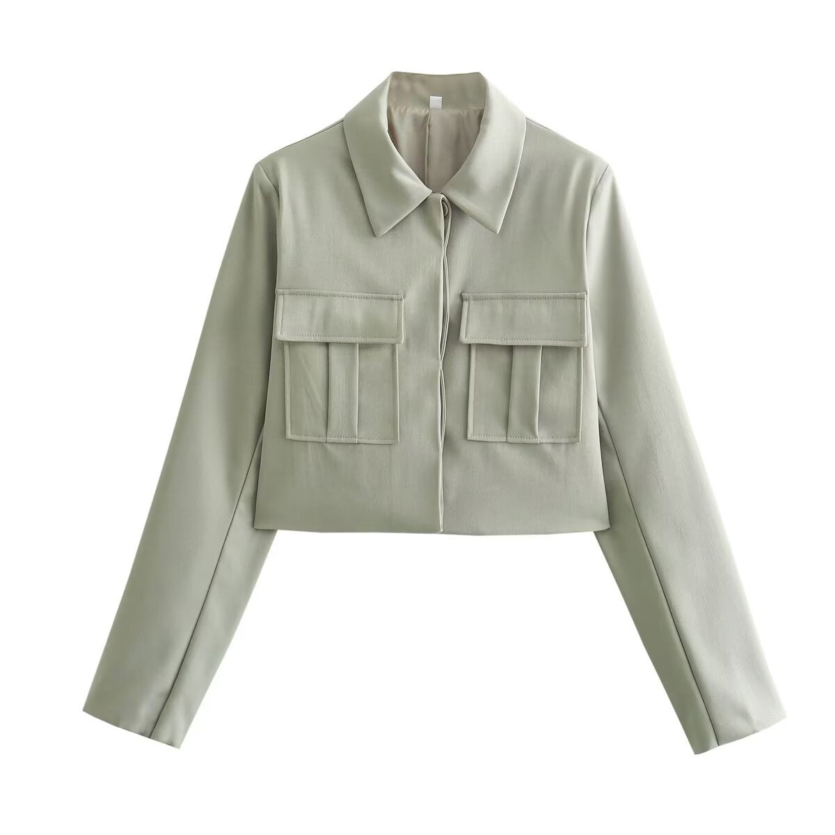 Women's short-cut faux leather jacket in field style with shirt collar and double flap pockets Chichicherry