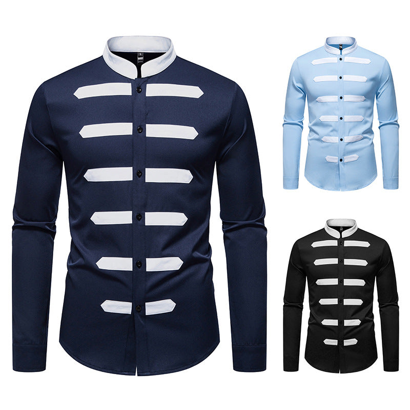 Men's Slim-Fit Shirt with Stand Collar and Decorative Piping Stripes Chichicherry