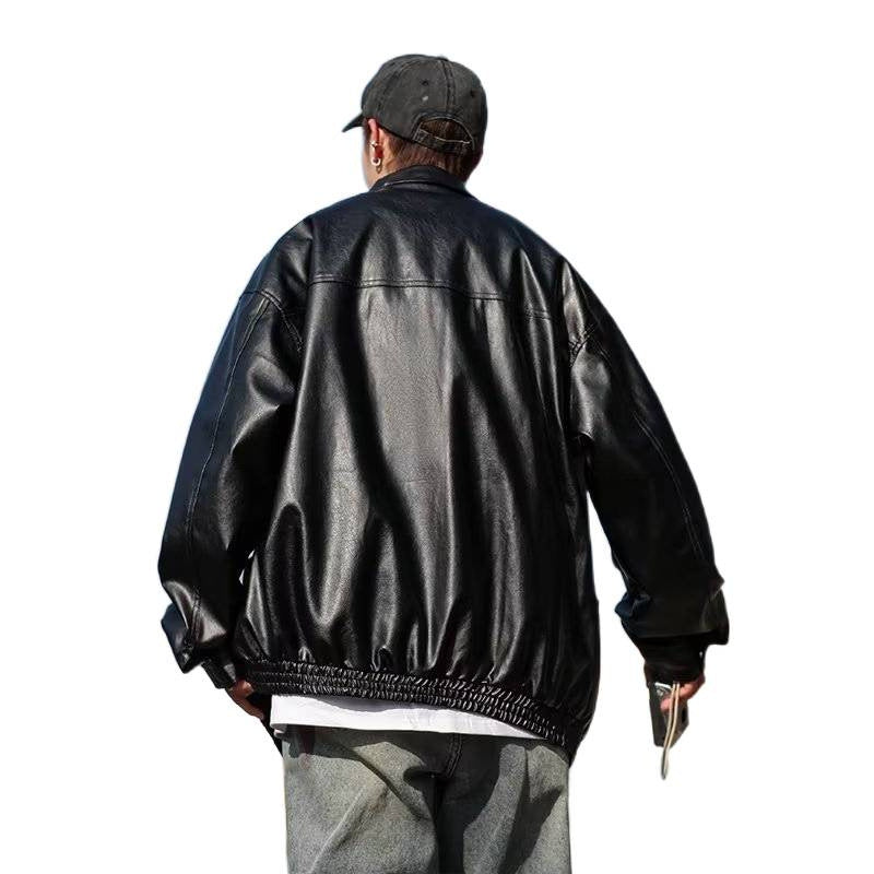 Herren Oversized Kunstlederjacke im Bomberstil mit Stehkragen und elastischem Saum Chichicherry