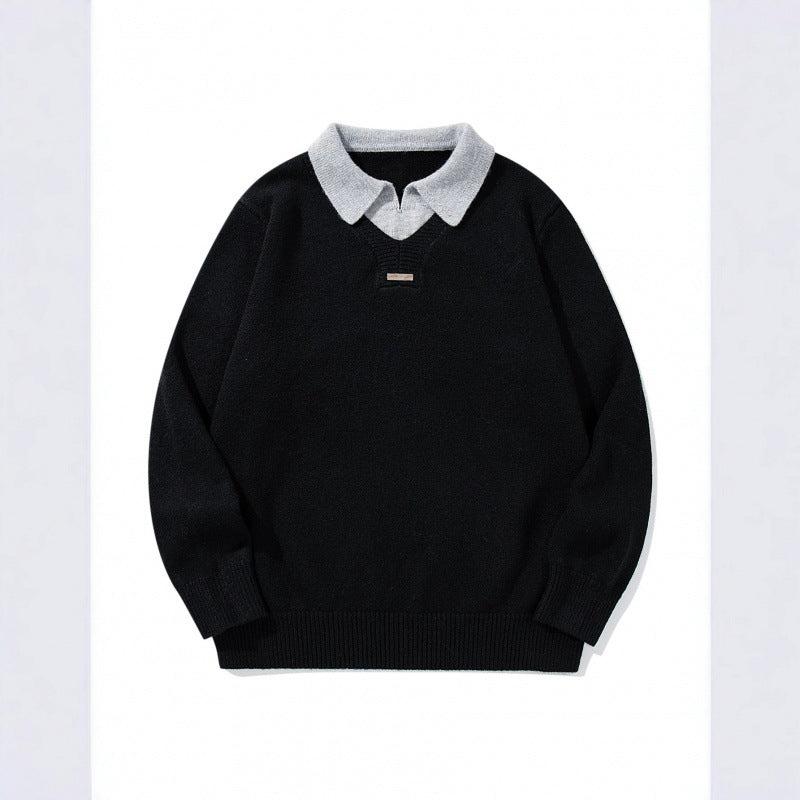 Men's Relaxed Merino-Mix Knit Sweater with Contrasting Polo Collar and V-Detail Chichicherry