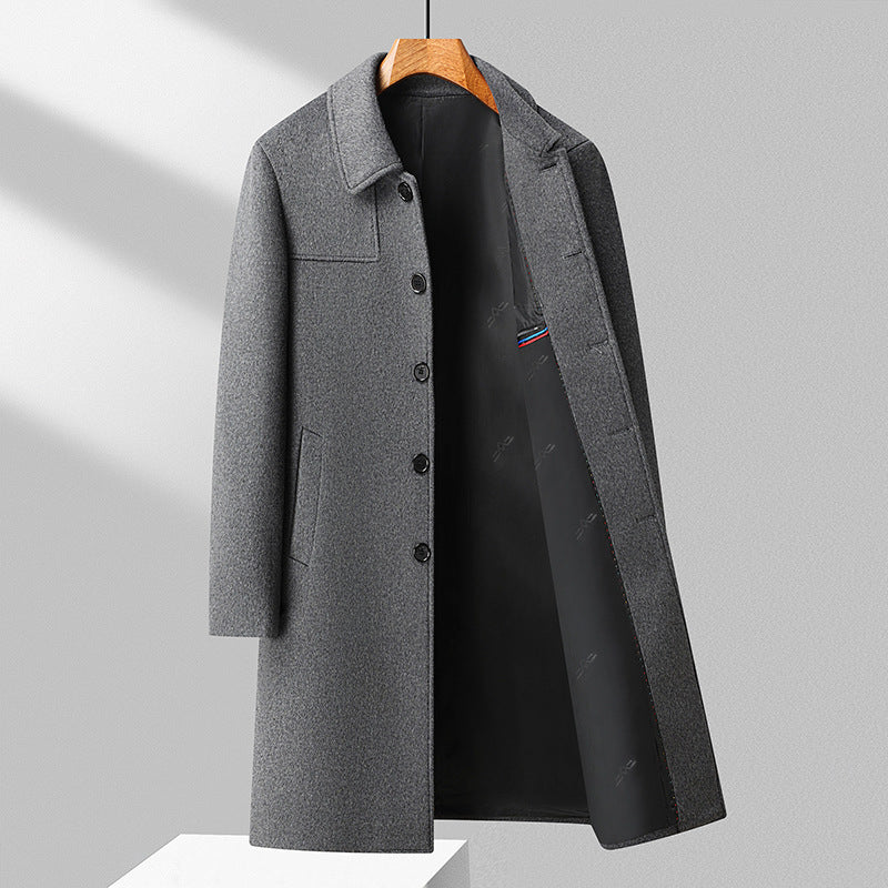 Men's Elegant Long Coat Made of Wool Blend with Classic Collar Chichicherry