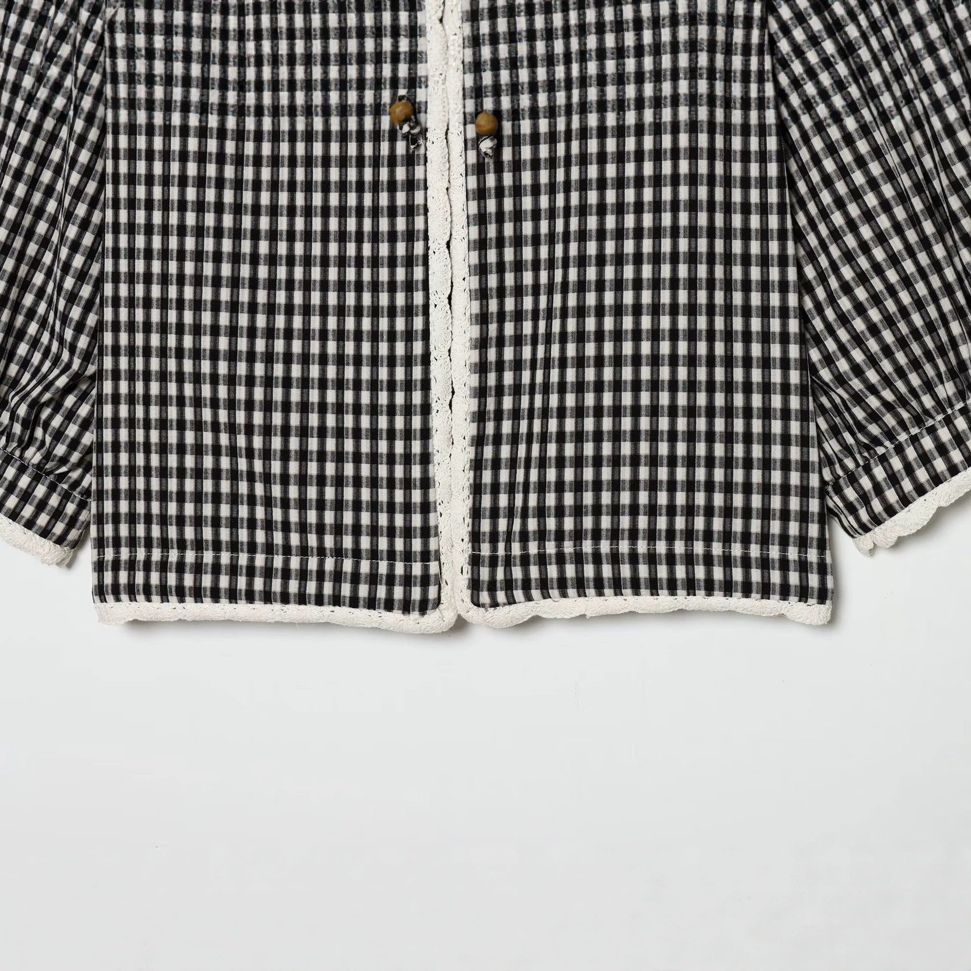 Ladies Vichy Check Blouse with Lace Trim, Tie Band and Three-Quarter Balloon Sleeves Chichicherry