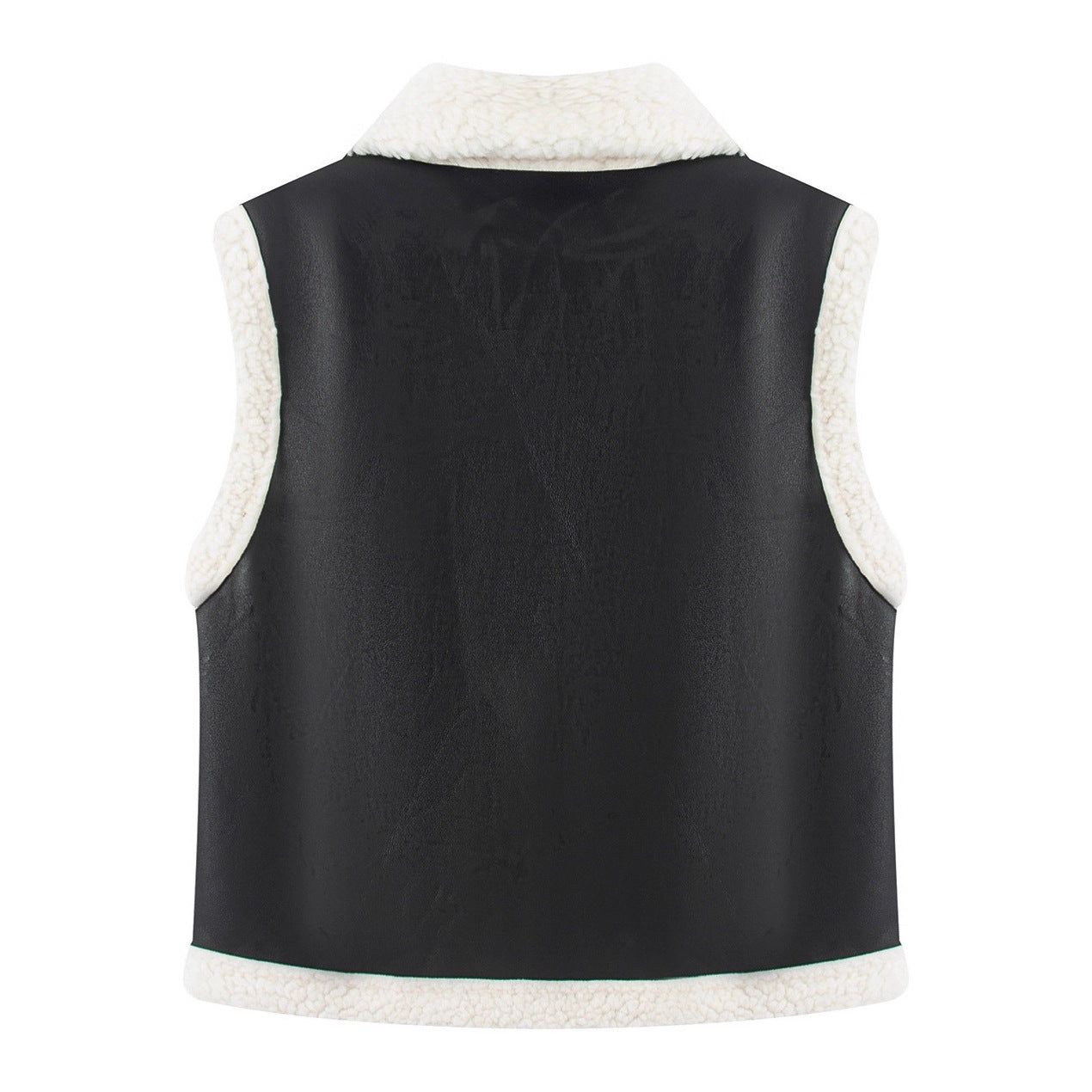 Women's Sleeveless Lambskin Look Vest with Notched Collar and Patch Pockets Chichicherry
