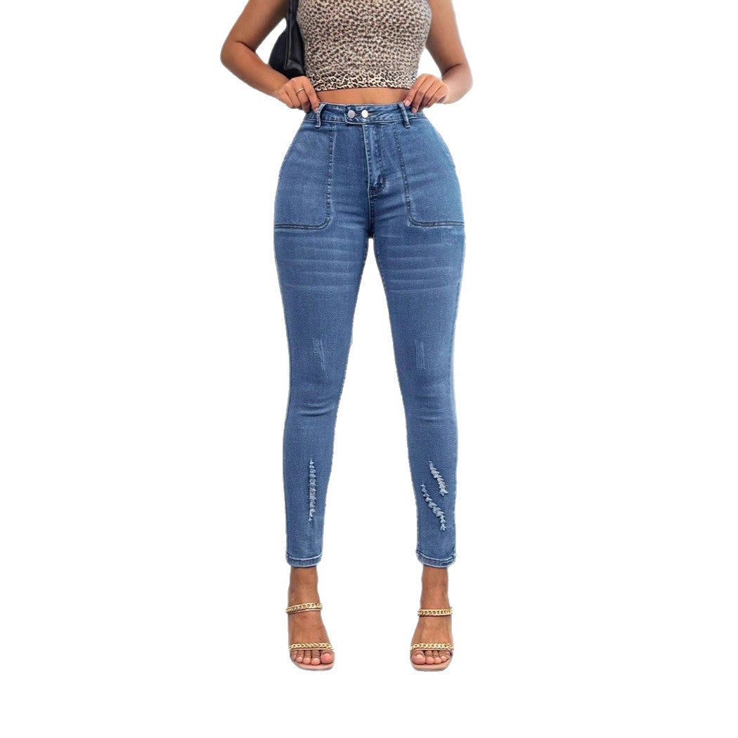 Women's waist-hugging super stretch skinny jeans with patch front piped pockets Chichicherry