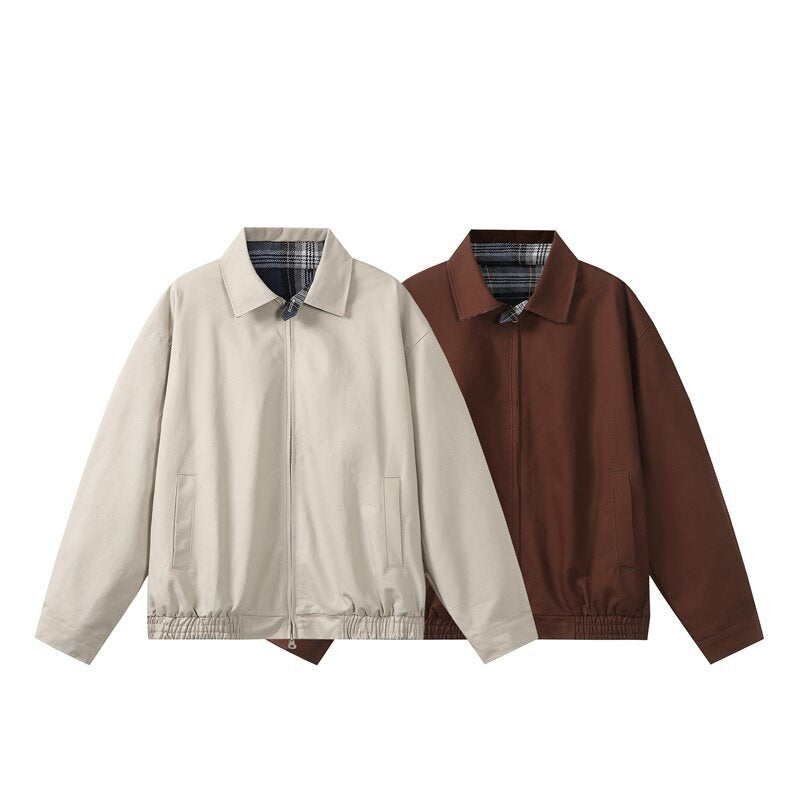 Unisex Short-Cut Boxy Blouson Jacket with Checked Stand Collar, Elastic Hem, and Two-Way Zipper Chichicherry