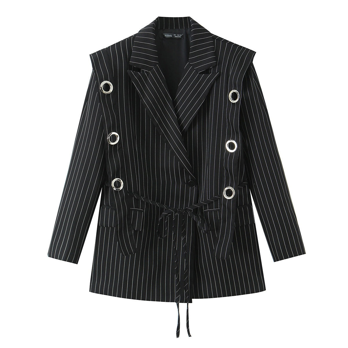 Women pinstripe blazer with eyelet application and drawstring Chichicherry