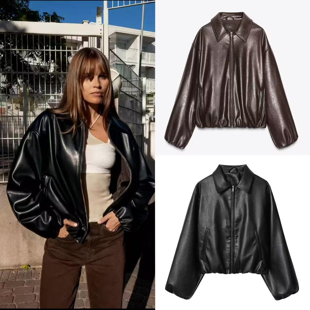 Women's Oversize Faux Leather Bomber with Shirt Collar, Concealed Zipper and Balloon Sleeves Chichicherry