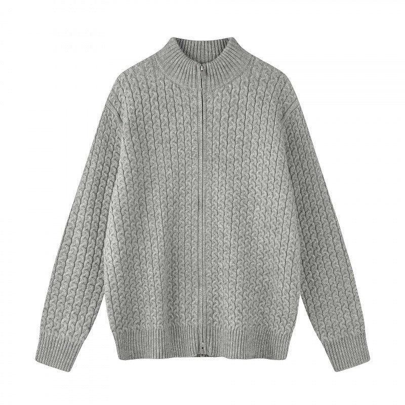 Unisex Boxy Cardigan with Cable Pattern, Stand-up Collar and Two-way Zipper Chichicherry