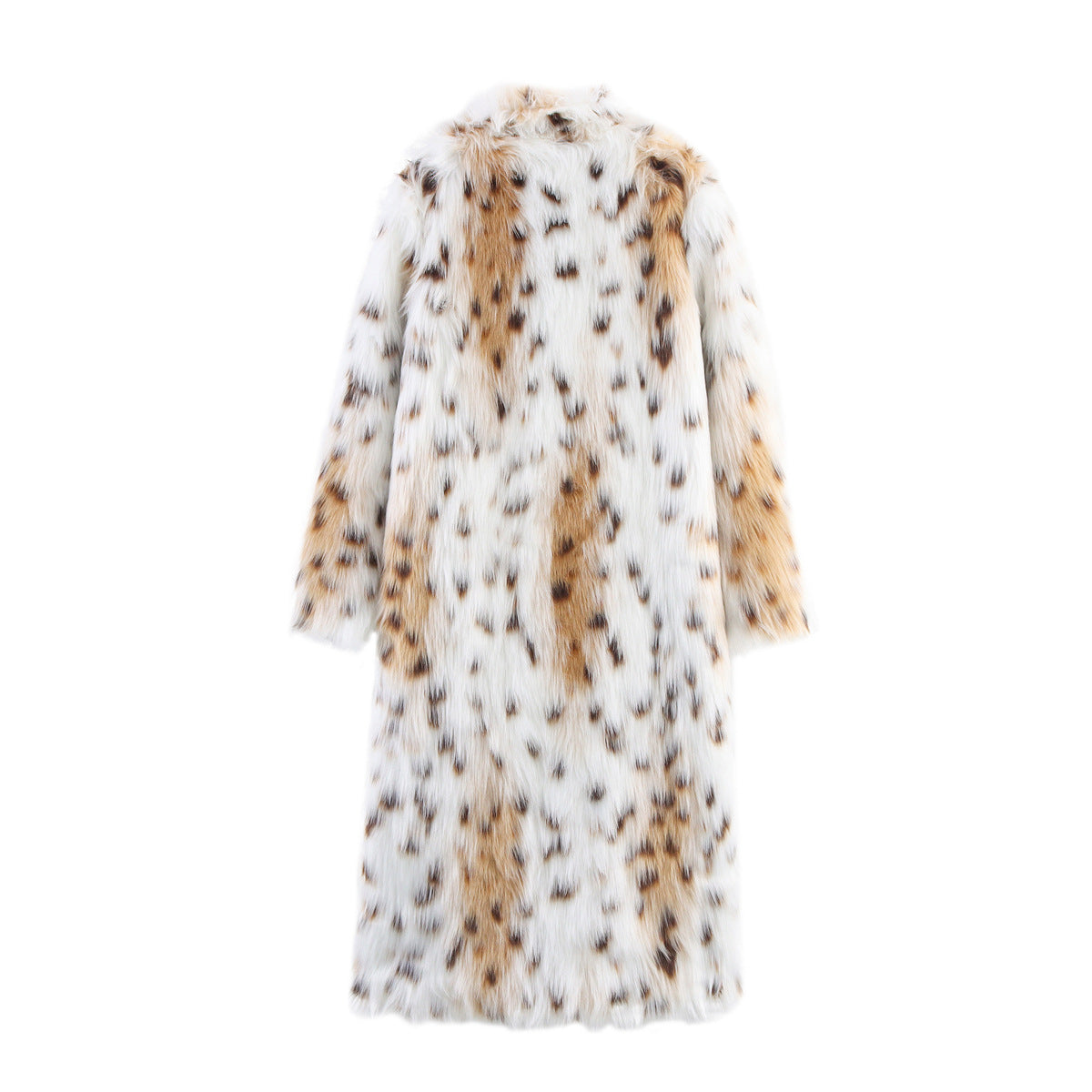 Women's Long Oversized Faux Fur Coat with Spotted Wildcat Print and Stand Collar Chichicherry