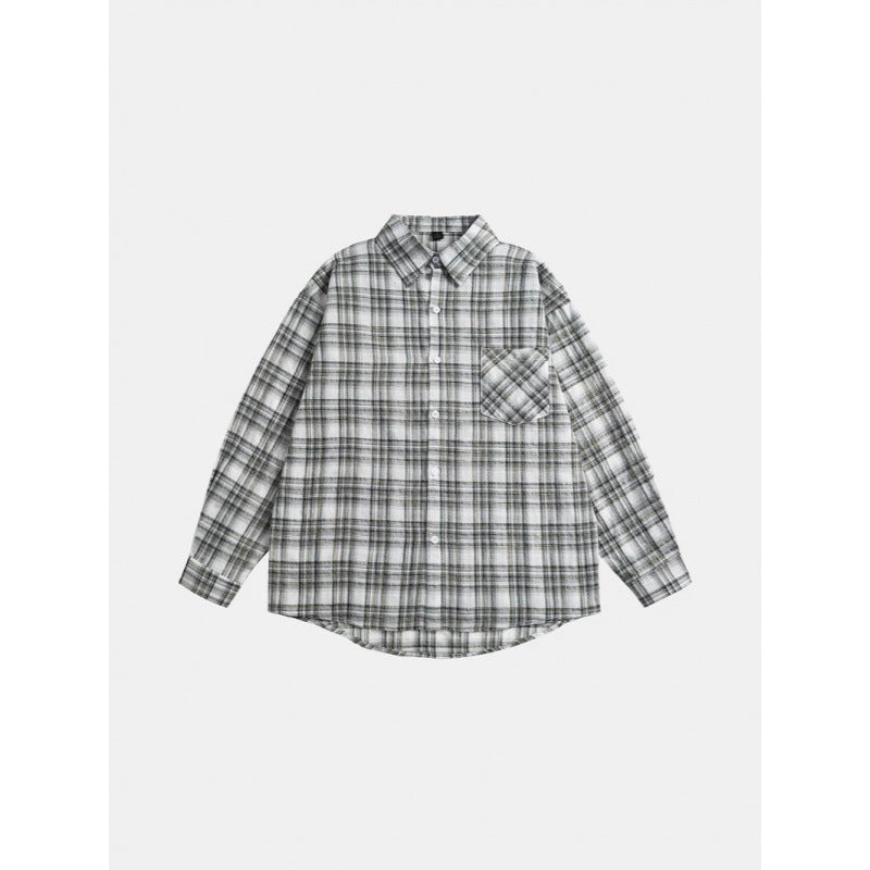 Unisex Oversize-checkered Flannel shirt with rounded hem and diagonal chest pocket Chichicherry