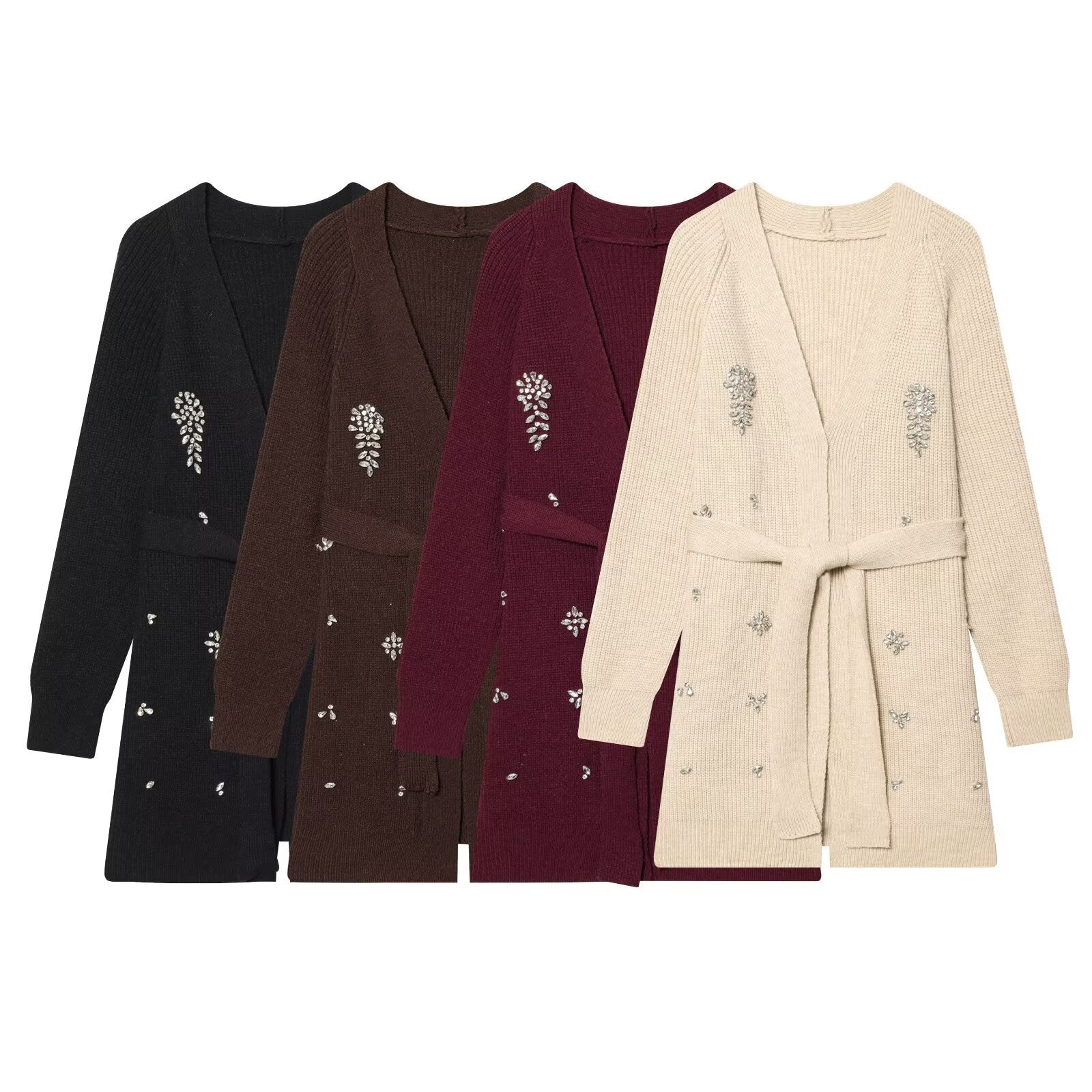 Women's Long Cardigan with Tie Belt and Gemstone Application Chichicherry