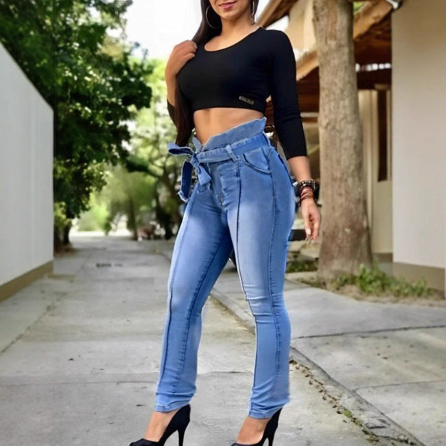 Women High-Waisted Paperbag Skinny Jeans with Ties and Vertical Seam Guidance Chichicherry