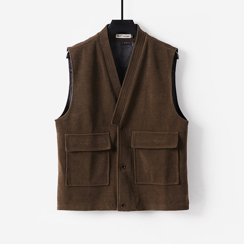 Men's cord waistcoat with V-neck, stand-up collar, and large flap pockets Chichicherry
