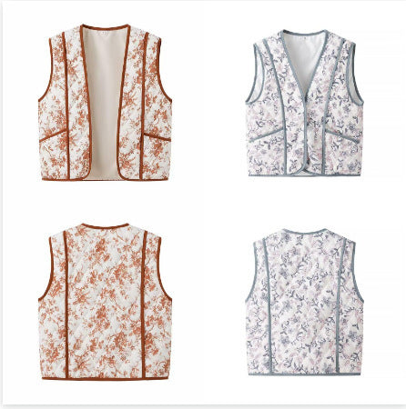 Women's light quilted vest with floral print, V-neck and side pockets Chichicherry