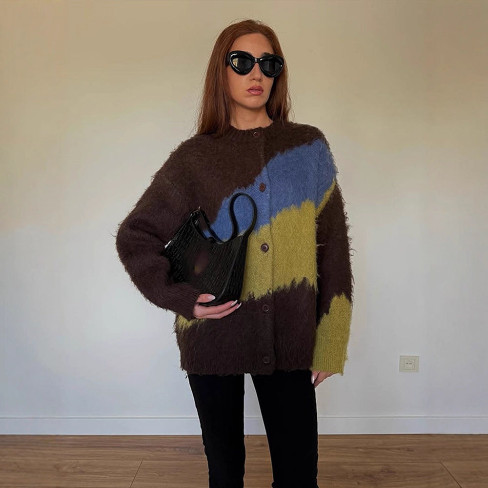 Women's Oversize Mohair-Blend Cardigan with Abstract Color Block and Button Placket Chichicherry