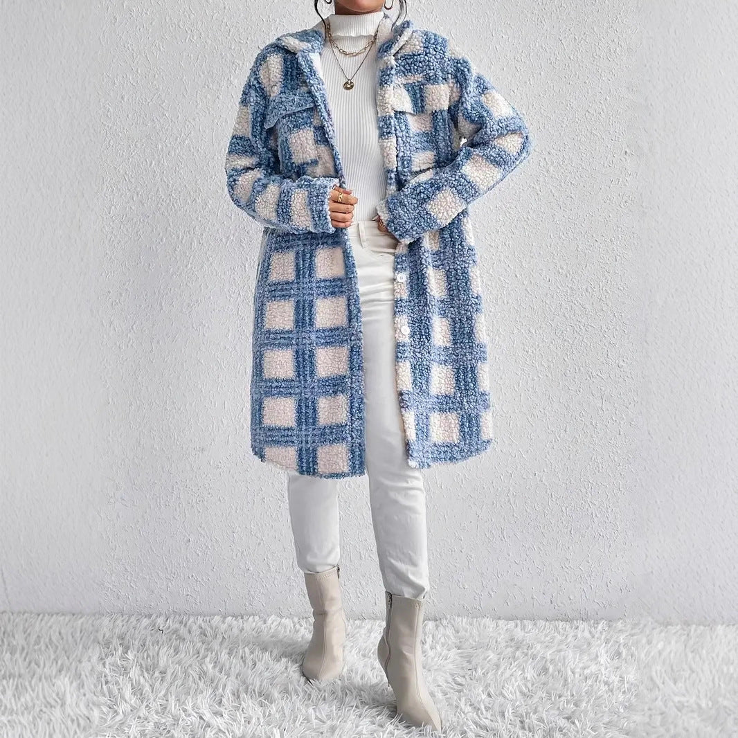 Women's teddy coat with large check pattern, shirt collar, and button closure Chichicherry