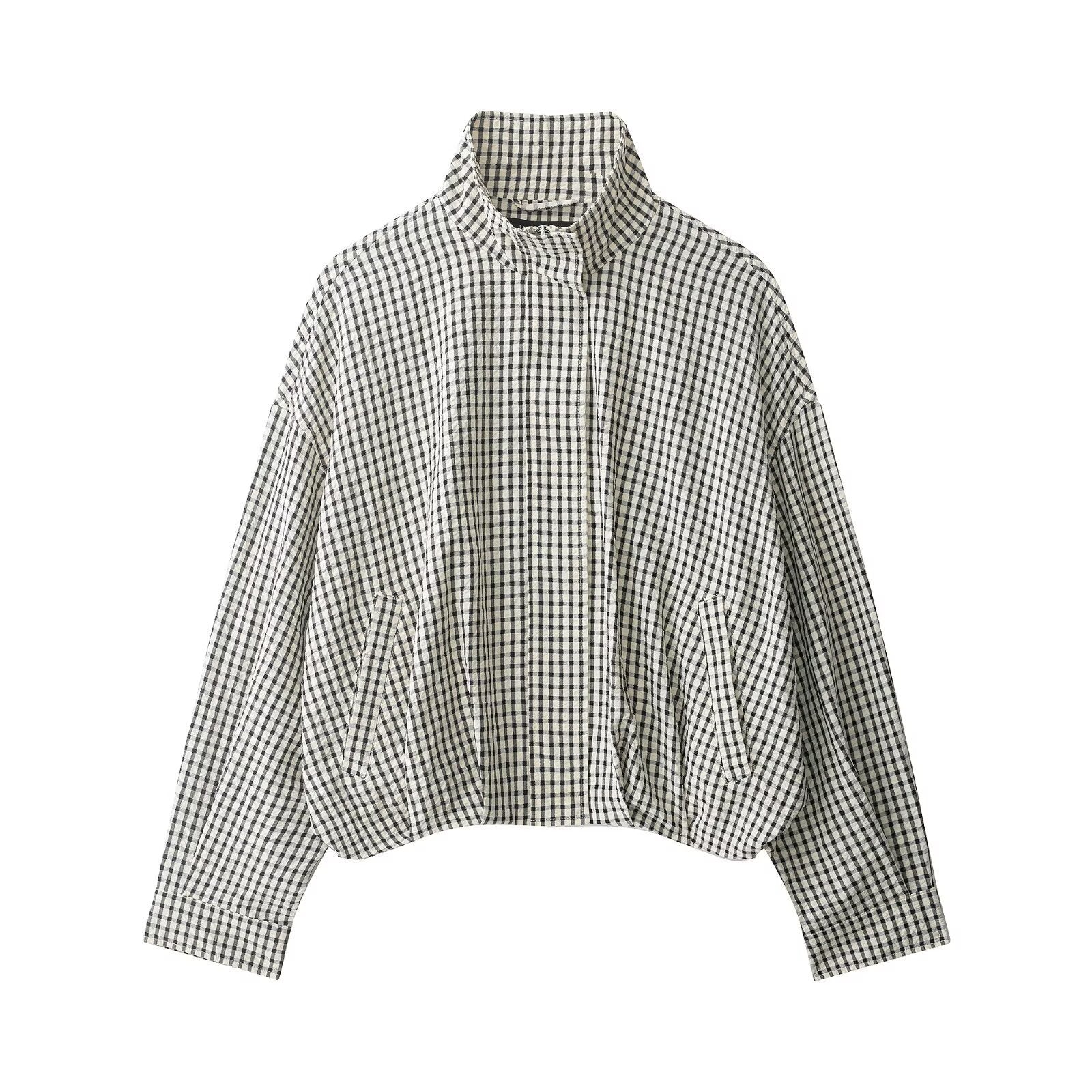 Women Checked Cropped Boxy Blouson with Stand Collar and Side Pockets Chichicherry