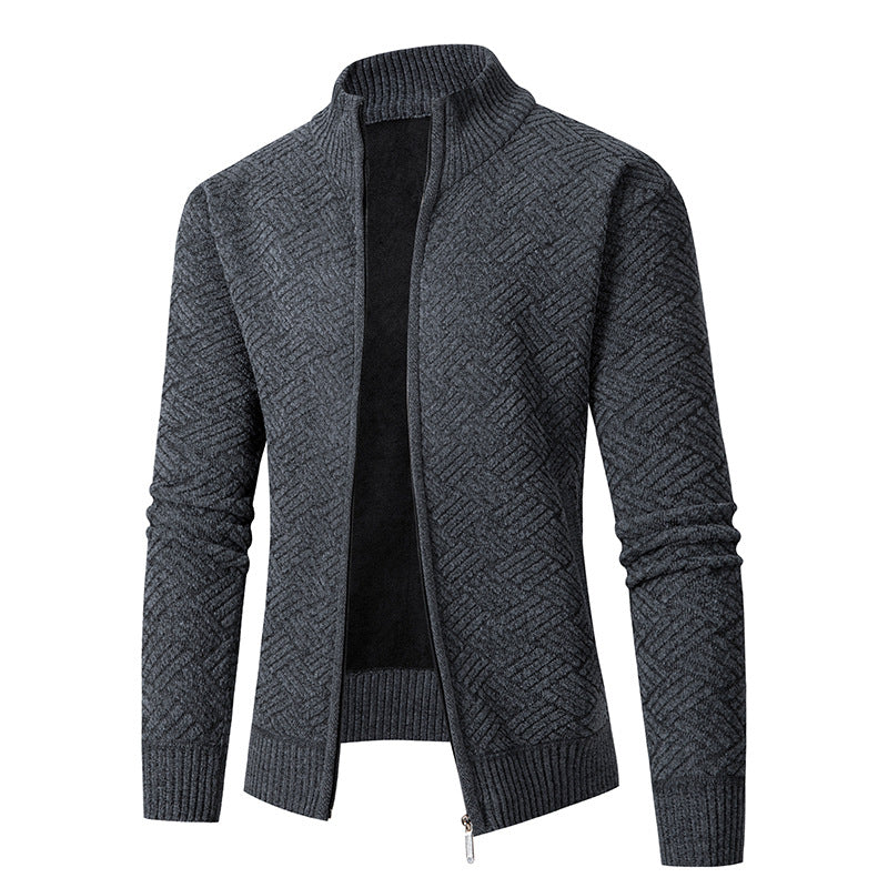 Men's Thermal Knit Jacket with Full Zip, Lined Stand-Up Collar and Geometric Structure Pattern Chichicherry