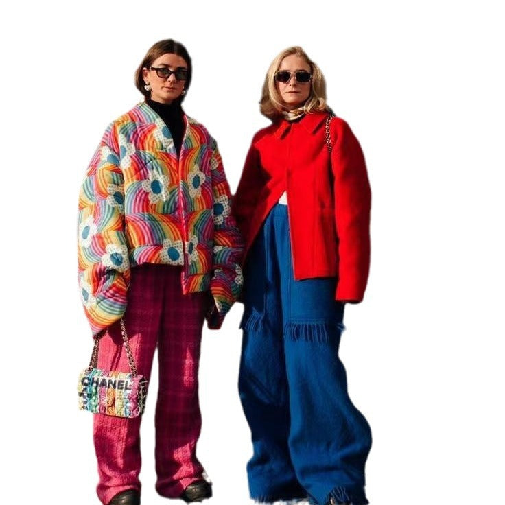 Women Short Oversized Padded Jacket with Colorful Rainbow Stripes and Flower Application Chichicherry