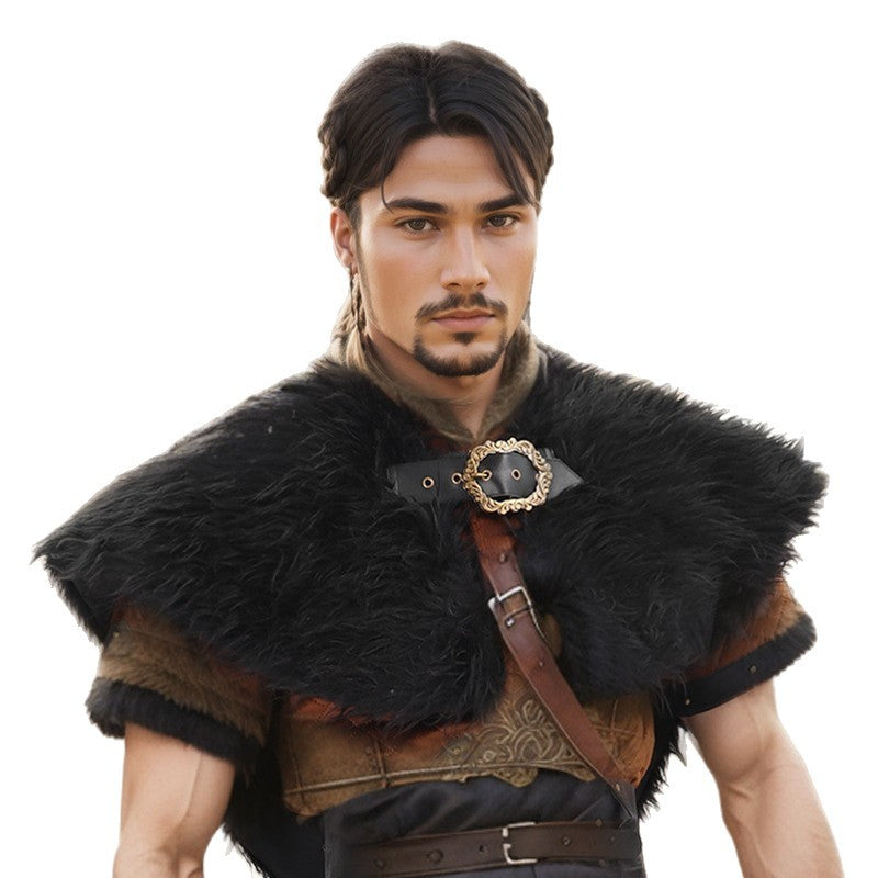 Men's Short Faux Fur Shoulder Cape in Medieval Style with Decorative Closure Chichicherry