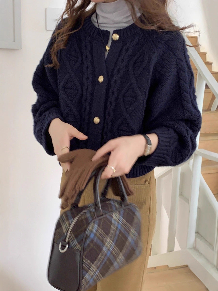 Ladies Short Cable Knit Cardigan with Golden Decorative Buttons Chichicherry