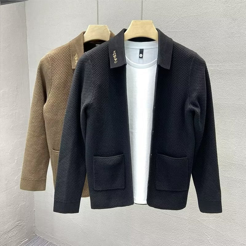 Herren Strukturierte Strick-Übergangsjacke mit Hemdkragen und aufgesetzten Taschen Chichicherry
