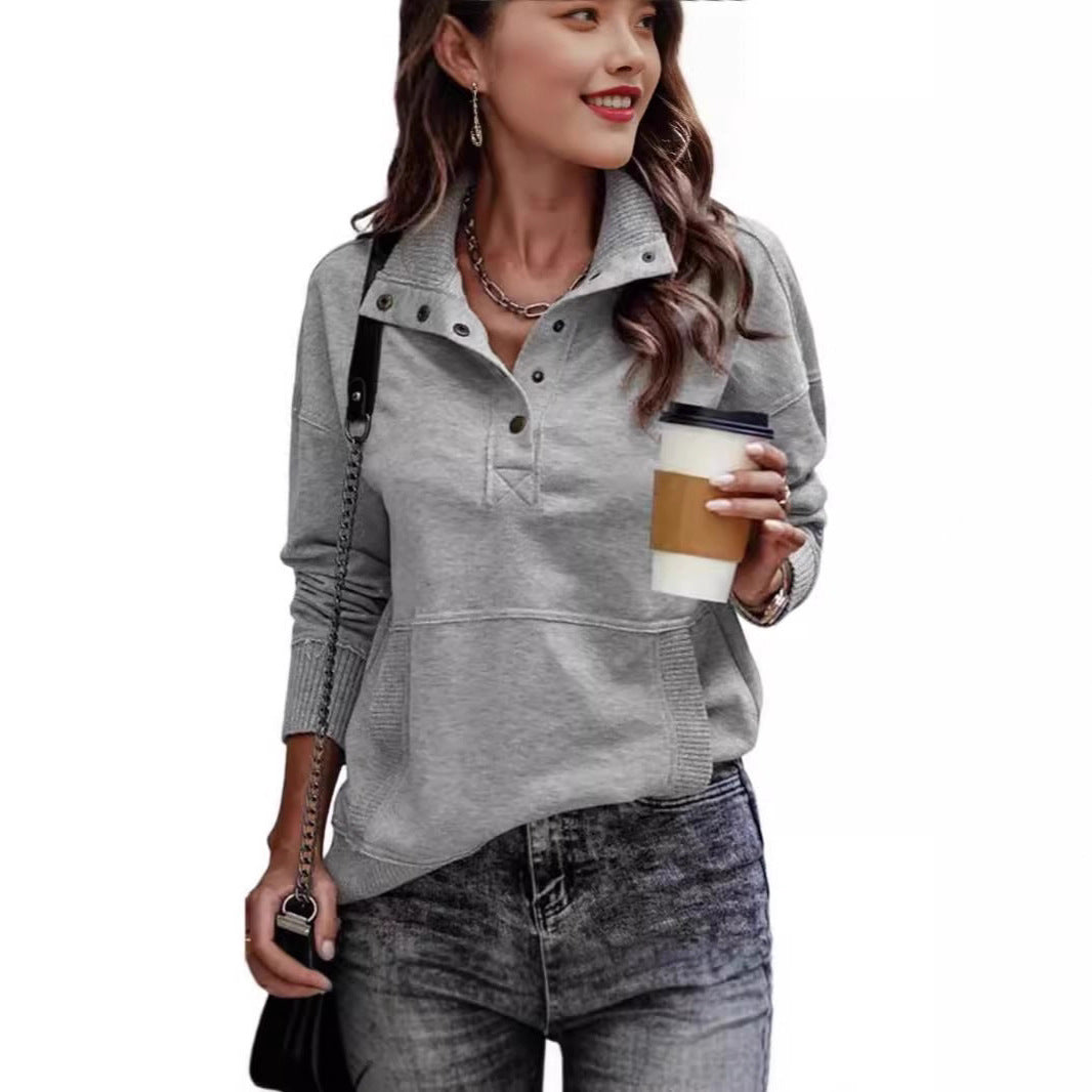 Women's sweat pullover with stand-up collar button placket and kangaroo pocket Chichicherry