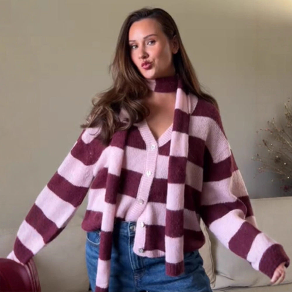 Women's Oversized Knit Cardigan Set with Block Stripes, Button Placket and Matching Scarf Chichicherry