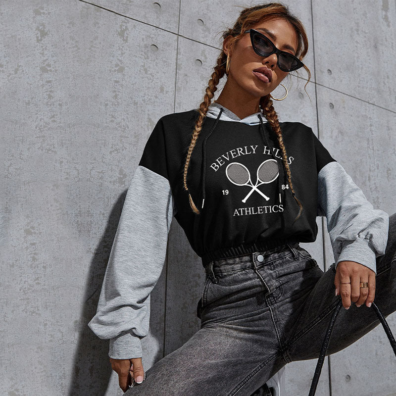 Women's Cropped Hoodie with Contrast Sleeves, Elastic Hem and Melting Smiley Print