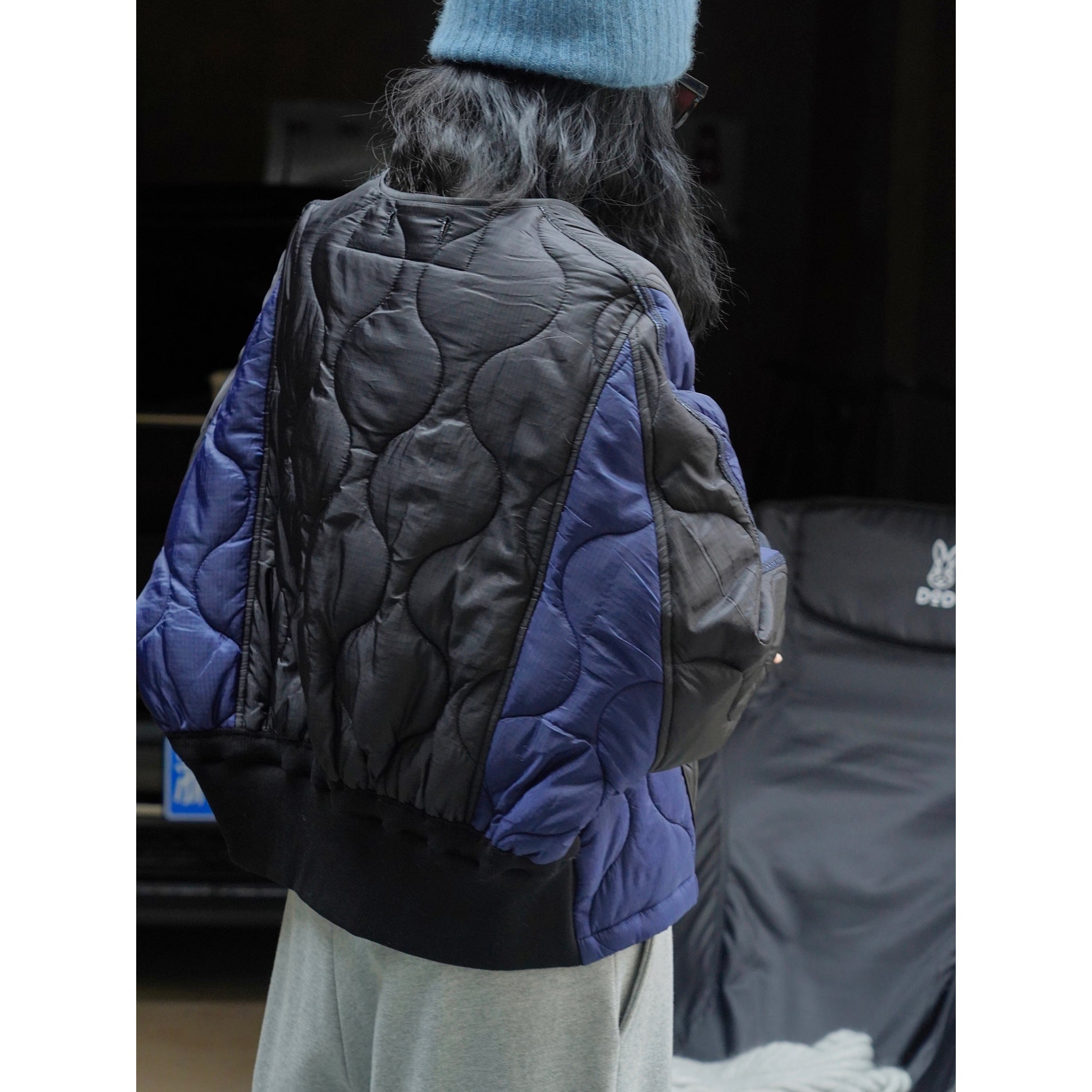 Women's Padded Oversized Quilted Jacket with Contrasting Sleeves and Button Placket Chichicherry