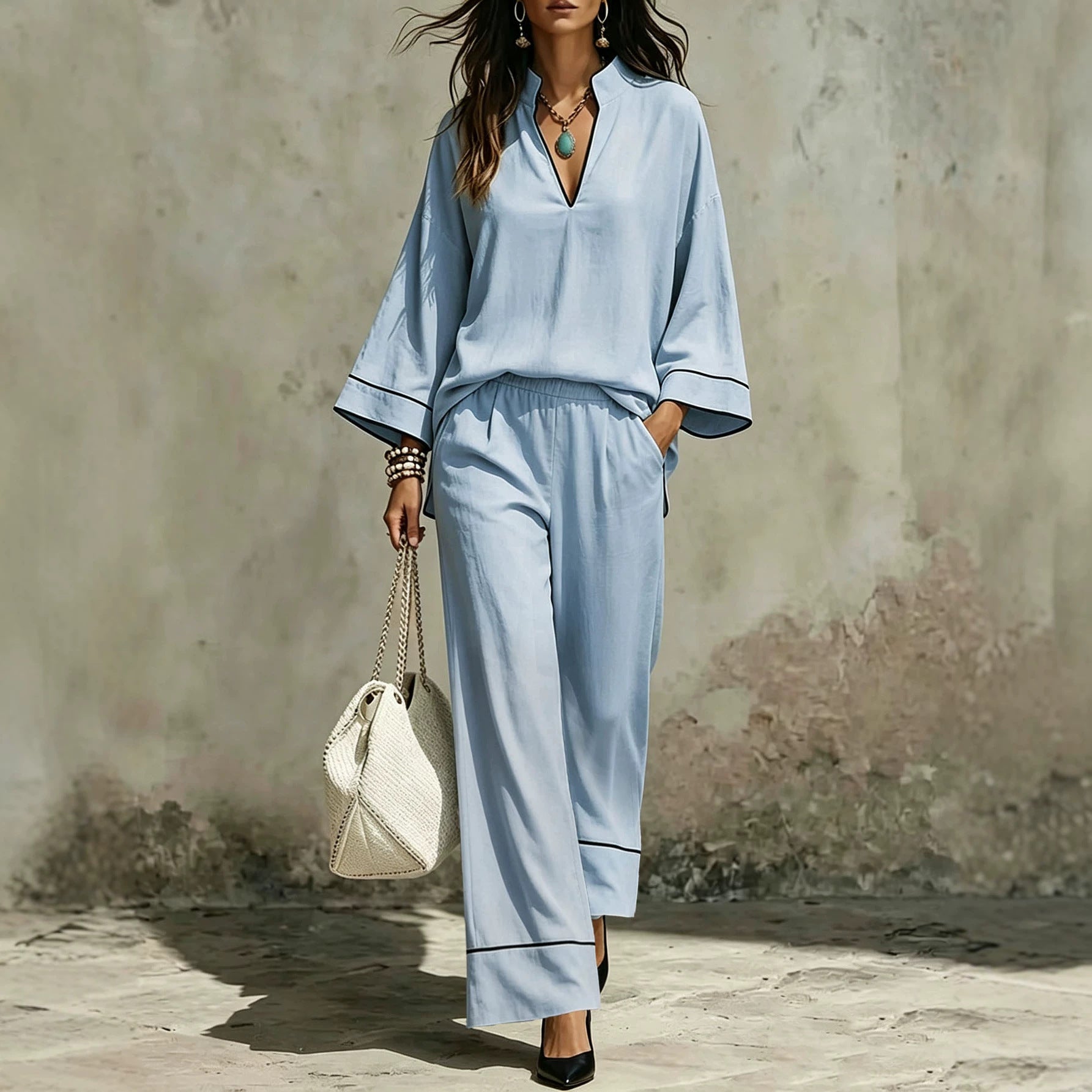 Damen Lässiges zweiteiliges Leinenoptik-Loungewear-Set mit Stehkragen, V-Ausschnitt und weitem Beinschnitt Chichicherry